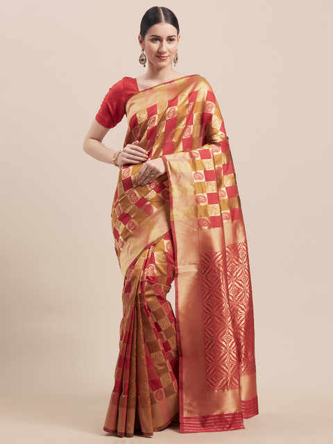 Viva N Diva Mustard Yellow & Red Art Silk Checked Banarasi Saree 
Viva N Diva Mustard Yellow & Red Art Silk Checked Banarasi Saree