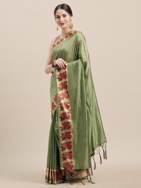 Nanda Silk Mills Green Solid Poly Silk Saree