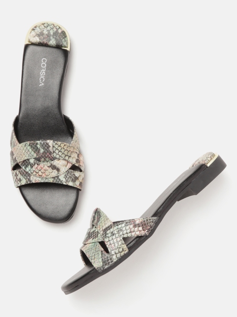 CORSICA Women Sea Green & Black Snakeskin Textured Open Toe Flats