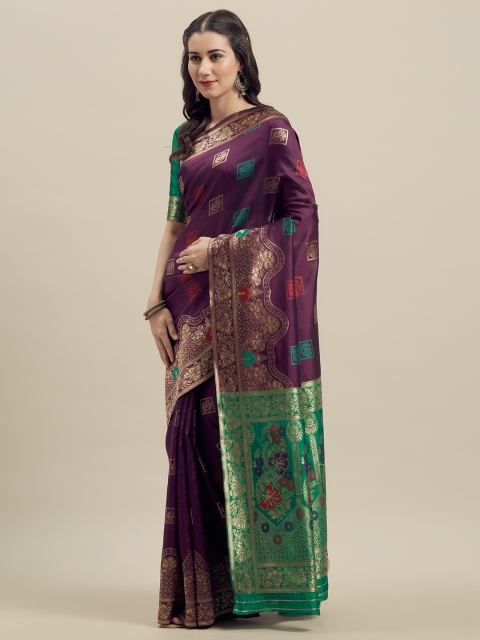 MANOHARI Purple & Green Silk Blend Woven Design Banarasi Saree