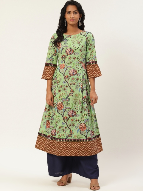 Rain & Rainbow Women Green & Orange Printed A-Line Kurta