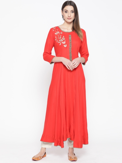WomenMagic Women Red Solid A-Line Kurta