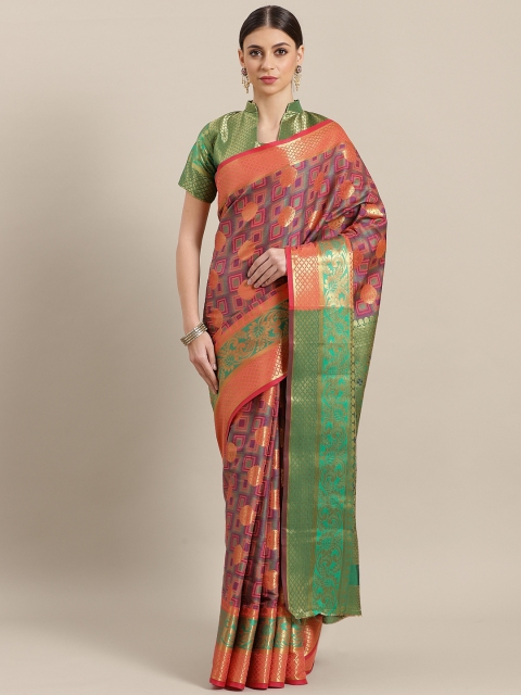 Saree mall Peach-Coloured & Green Woven Design Banarasi Saree