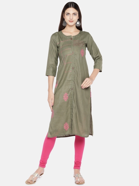 Vbuyz Women Green & Pink Embroidered Straight Kurta
