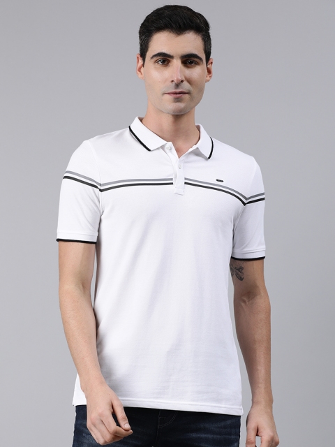 Lee Men White & Black Striped Polo Collar T-shirt