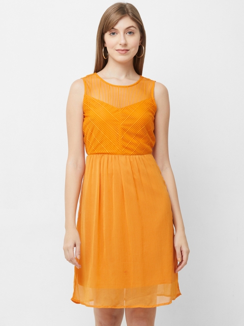 109F Women Orange Solid Fit and Flare Dress