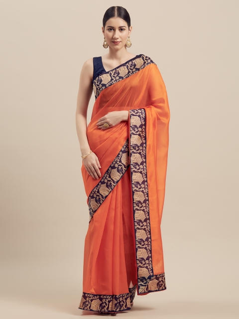 Florence Orange & Navy Blue Silk Blend Solid Bhagalpuri Saree