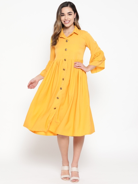 BUYCLARA Women Yellow Solid A-Line Dress