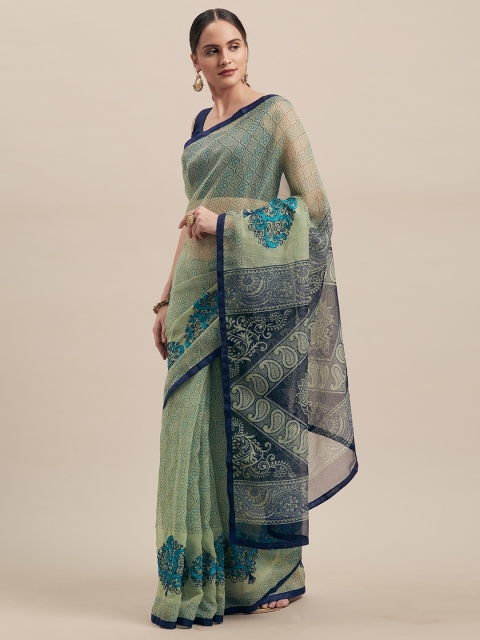 Shaily Green & Navy Blue Cotton Blend Embroidered Saree