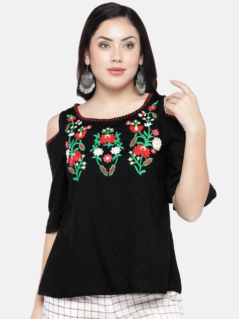 Ethnicity Women Black Embroidered Top