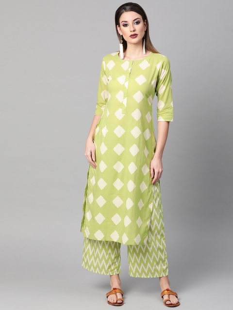 GERUA Women Green & Off-White Printed Kurta with Palazzos