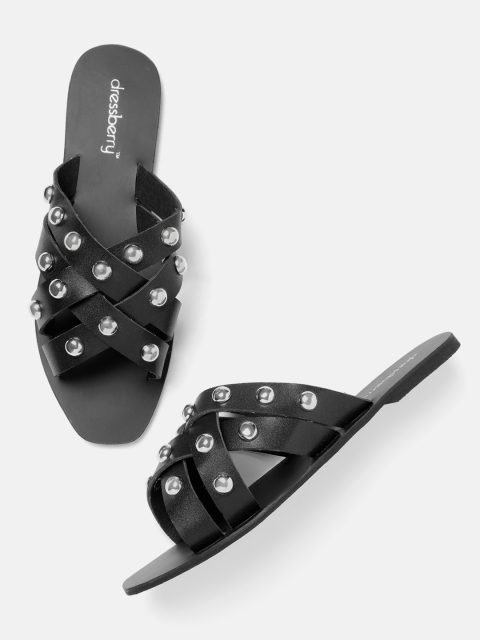 DressBerry Women Black Embellished Open Toe Flats