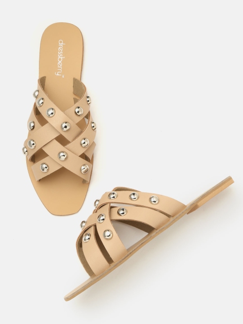 DressBerry Women Beige Embellished Open Toe Flats