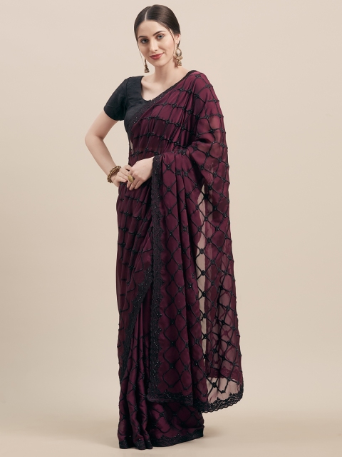 Tikhi Imli Burgundy Embroidered Satin Saree