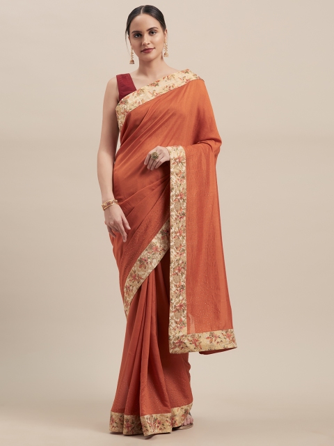 Indian Women Orange Solid Poly Silk Saree