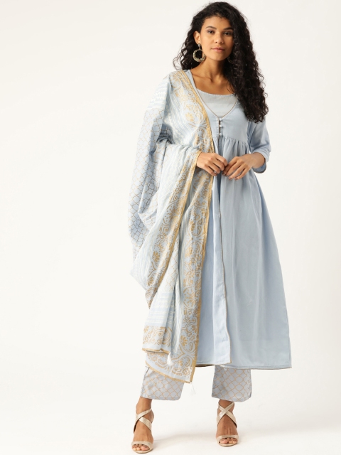 Moda Rapido Women Blue & Golden Solid Layered Anarkali Kurta with Trousers & Dupatta
Moda Rapido Women Blue & Golden Solid Layered Anarkali Kurta with Trousers & Dupatta