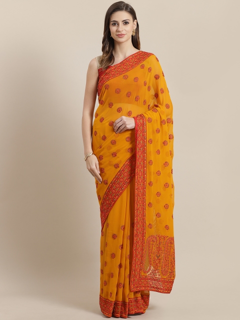 Chhabra 555 Mustard Yellow & Red Resham Embroidered Saree