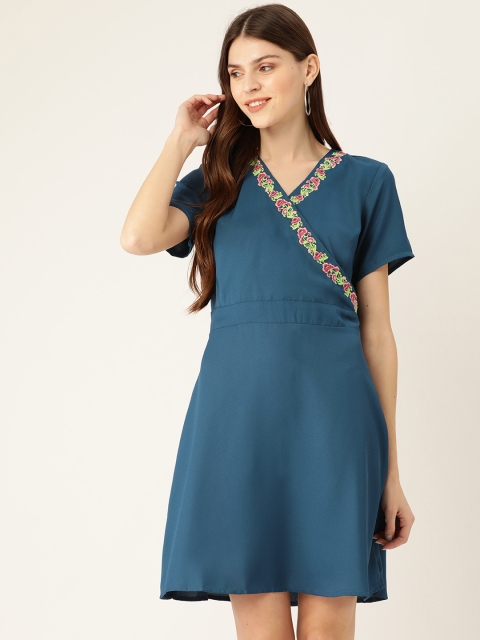 DressBerry Women Teal Blue Solid Wrap Dress