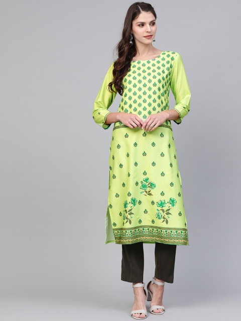 AHIKA Women Lime Green Printed Straight Kurta