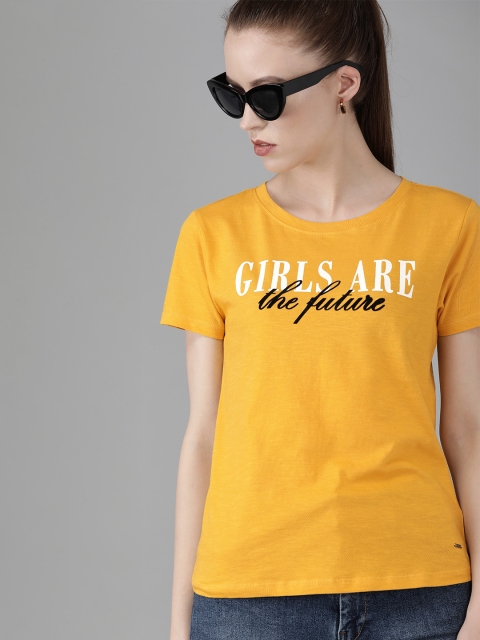 Pepe Jeans Women Mustard Yellow Solid Round Neck Pure Cotton T-shirt With Printed Detailing
Pepe Jeans Women Mustard Yellow Solid Round Neck Pure Cotton T-shirt With Printed Detailing