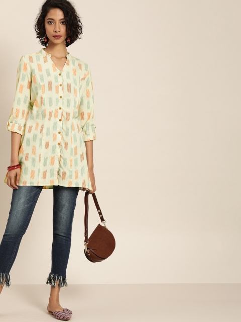 Taavi Women OfF-White & Green Woven Design Pure Cotton Ikat Straight Sustainable Kurti with Roll-Up Sleeves
Taavi Women OfF-White & Green Woven Design Pure Cotton Ikat Straight Sustainable Kurti with Roll-Up Sleeves