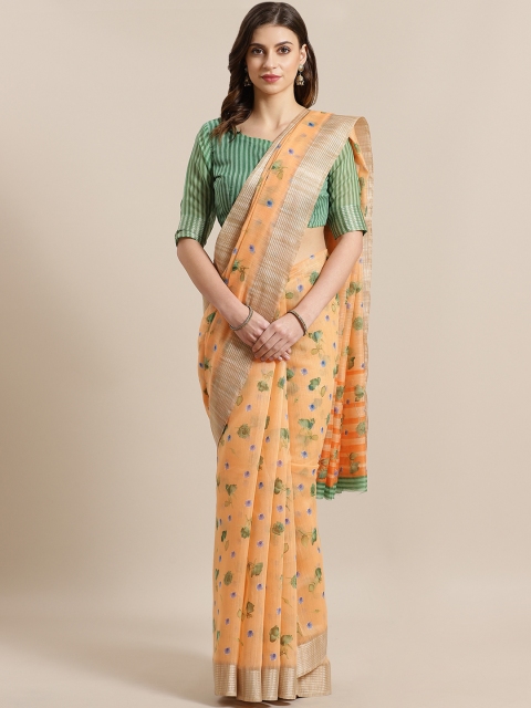 Saree mall Peach-Coloured & Green Silk Cotton Printed Saree