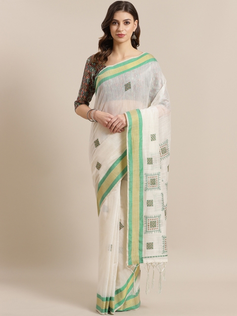 Saree mall Off-White & Green Embroidered Chanderi Saree