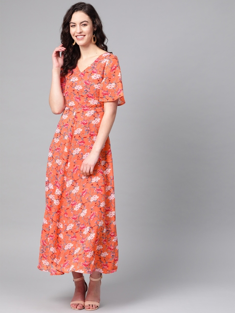 The Vanca Women Coral Orange & Off-White Printed Maxi Dress