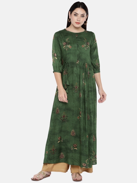 shiloh Women Green Printed A-Line Kurta