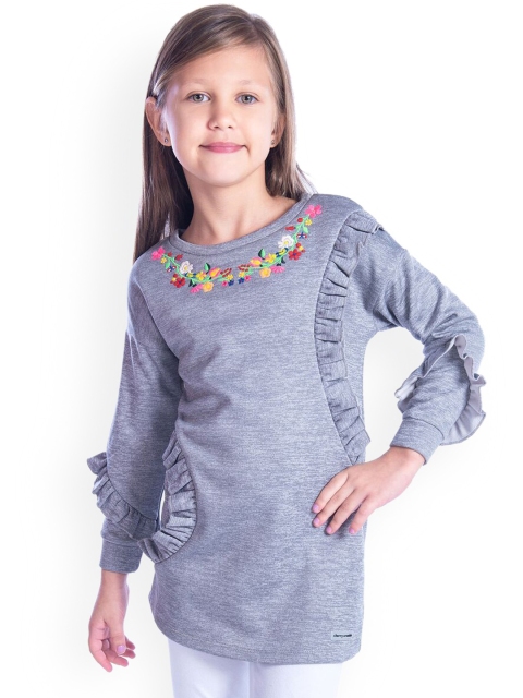 Cherry Crumble Girls Grey Melange Floral Embroidered Shift Dress