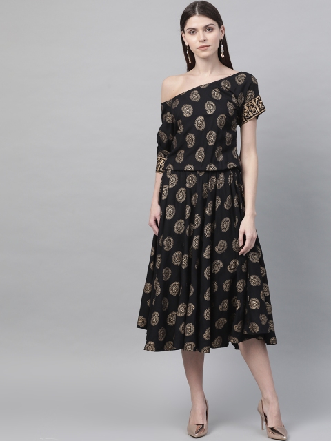MABISH by Sonal Jain Women Black & Golden Hand Block Printed One Shoulder A-Line Dress
MABISH by Sonal Jain Women Black & Golden Hand Block Printed One Shoulder A-Line Dress