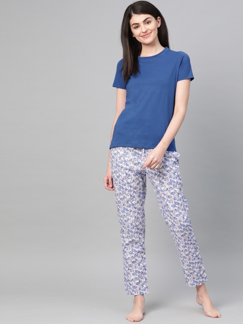 DRAPE IN VOGUE Women Blue & White Solid Night suit