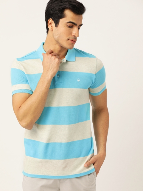 United Colors of Benetton Men Blue & Beige Striped Polo Collar T-shirt