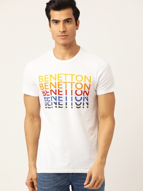 United Colors of Benetton Men White & Yellow Printed Round Neck T-shirt