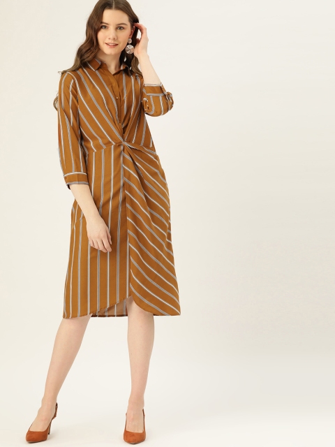United Colors of Benetton Women Mustard Brown & Off-White Striped A-Line Dress