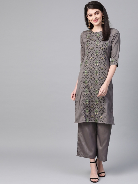 ZIYAA Women Grey & Black Khari Printed Kurta with Palazzos