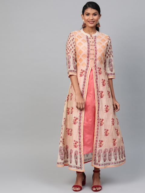 Shree Women Beige & Pink Printed Layered Maxi Dress