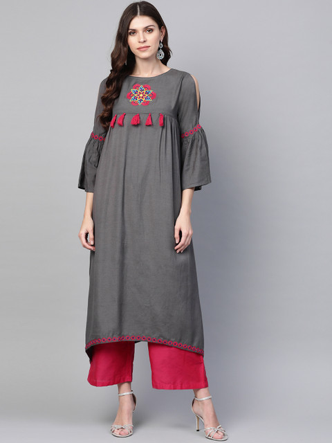 clorals Women Charcoal Grey & Pink Yoke Design A-Line Kurta
clorals Women Charcoal Grey & Pink Yoke Design A-Line Kurta