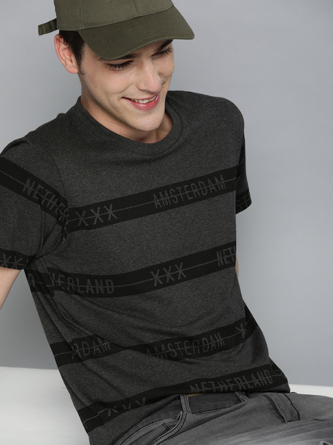 HERE&NOW Men Charcoal Grey & Black Striped Round Neck T-shirt 
HERE&NOW Men Charcoal Grey & Black Striped Round Neck T-shirt