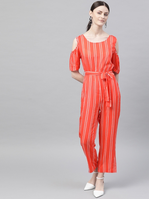 ATRAENTA Women Coral Orange & White Cold-Shoulder Striped Basic Jumpsuit