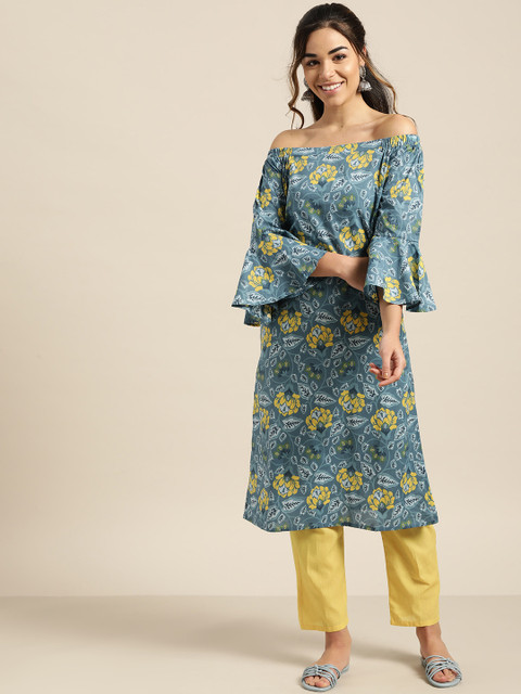 Shae by SASSAFRAS Women Blue & Yellow Printed Off Shoulder Straight Kurta with Trousers
Shae by SASSAFRAS Women Blue & Yellow Printed Off Shoulder Straight Kurta with Trousers