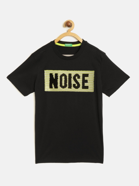 United Colors of Benetton Boys Black Flip Sequinned Detail Round Neck T-shirt