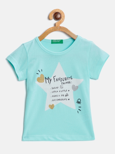 United Colors of Benetton Girls Blue Printed Round Neck Pure Cotton T-shirt