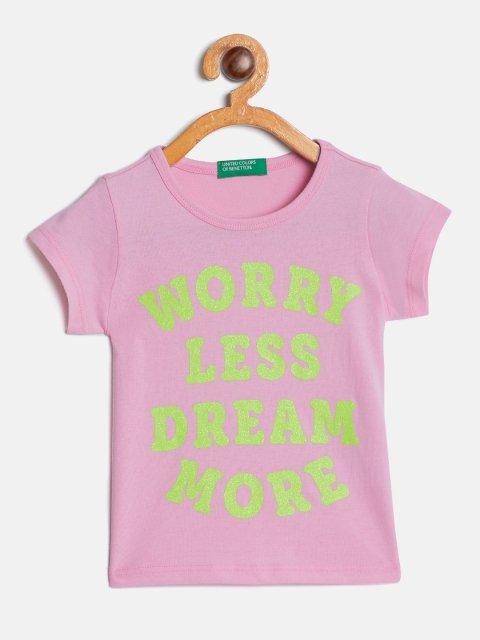 United Colors of Benetton Girls Pink Lime Green Printed Round Neck Pure Cotton T-shirt