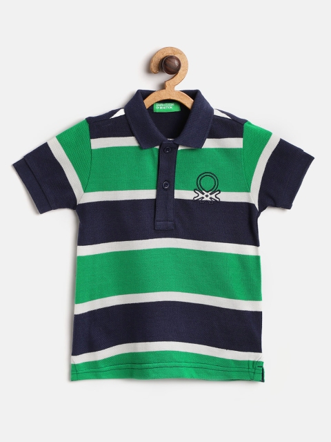 United Colors of Benetton Boys Green & Navy Blue Striped Polo Collar T-shirt