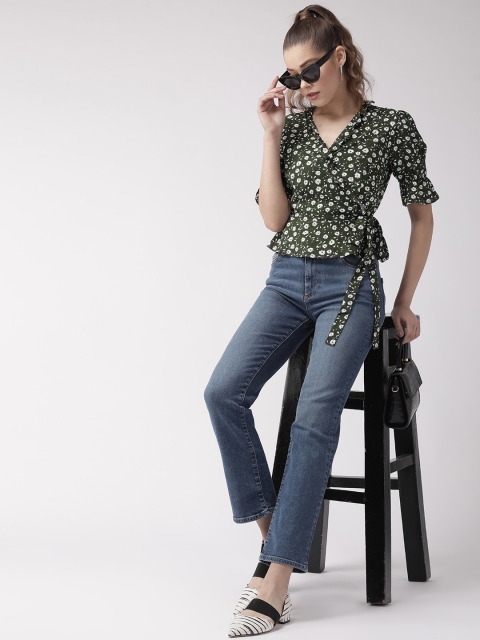 20Dresses Women Olive Green & White Floral Print Wrap Top