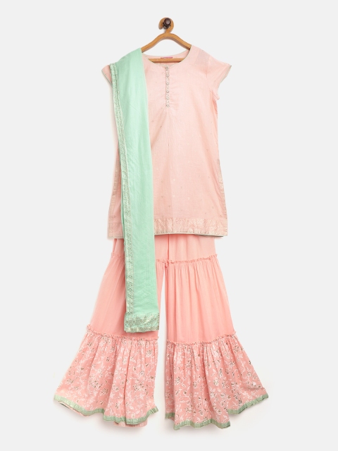 Biba Girls Peach-Coloured & Golden Printed Pure Cotton Kurta with Sharara & Dupatta