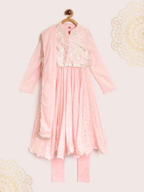Biba Girls Pink & Golden Printed Anarkali Kurta with Churidar Dupatta & Ethnic Jacket
Biba Girls Pink & Golden Printed Anarkali Kurta with Churidar Dupatta & Ethnic Jacket
