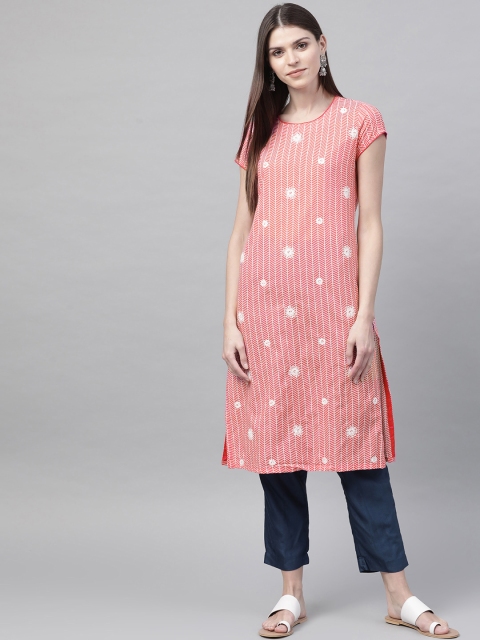 Rangriti Women Coral Pink & White Printed Straight Kurta