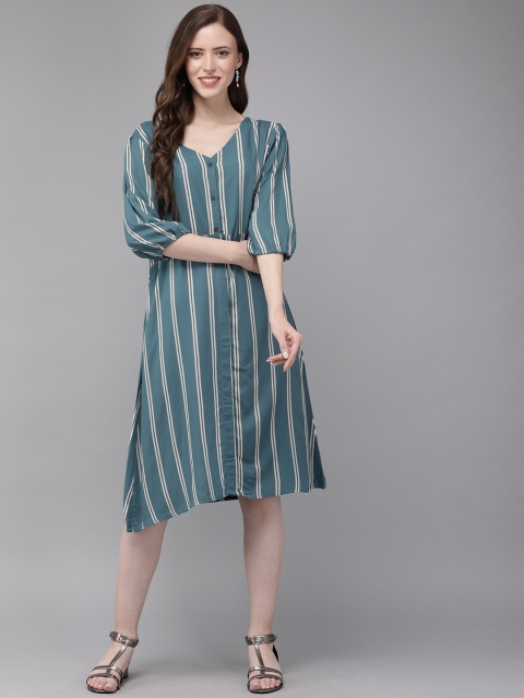 MIMOSA Women Teal Blue & White Printed A-Line Dress